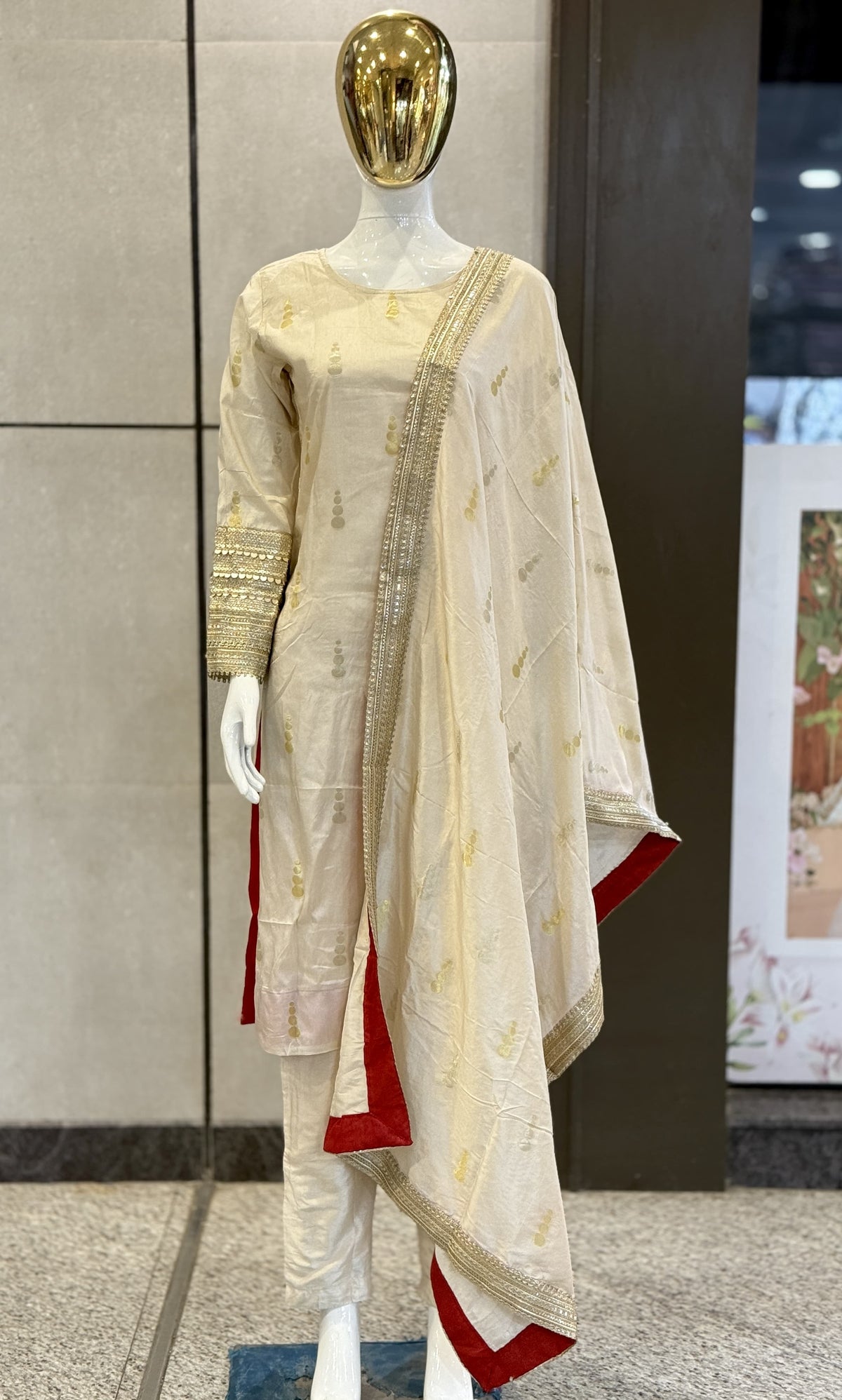 Cream Pure Banarasi Soft Silk A-Line Kurti Pant Dupatta Set