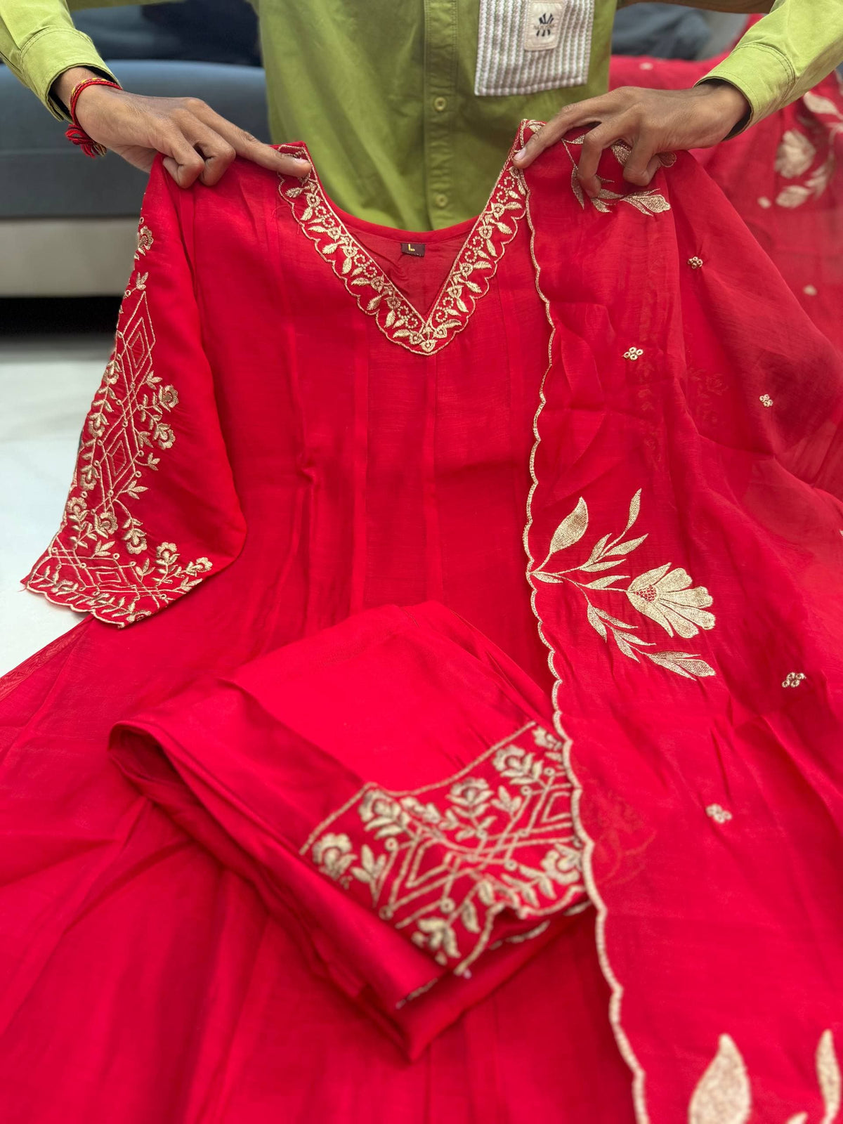Red Pure Mul Chanderi Anarkali Kurta Pant Dupatta Set