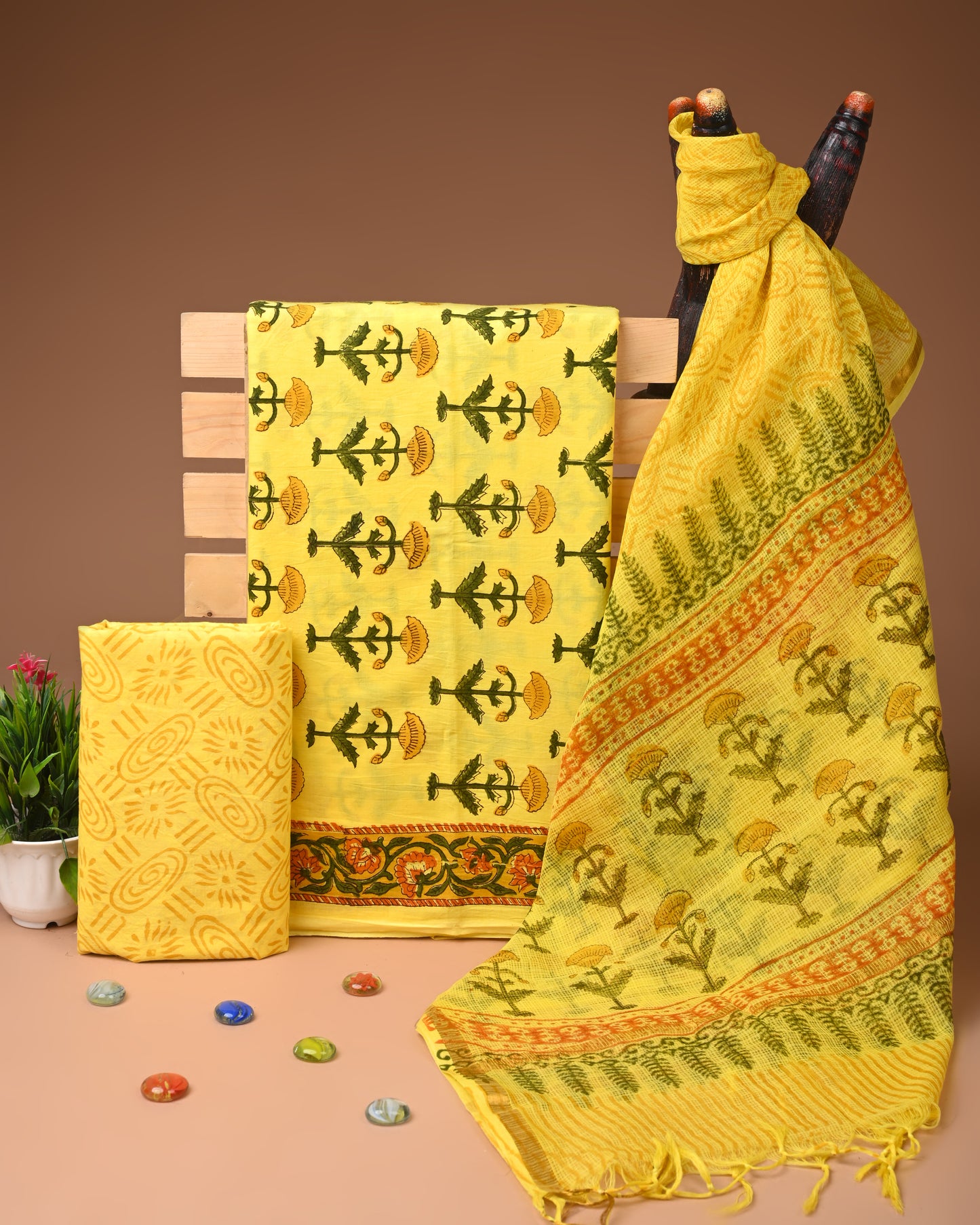 Mustard Yellow Printed Cotton Suit with Kota Doriya Dupatta