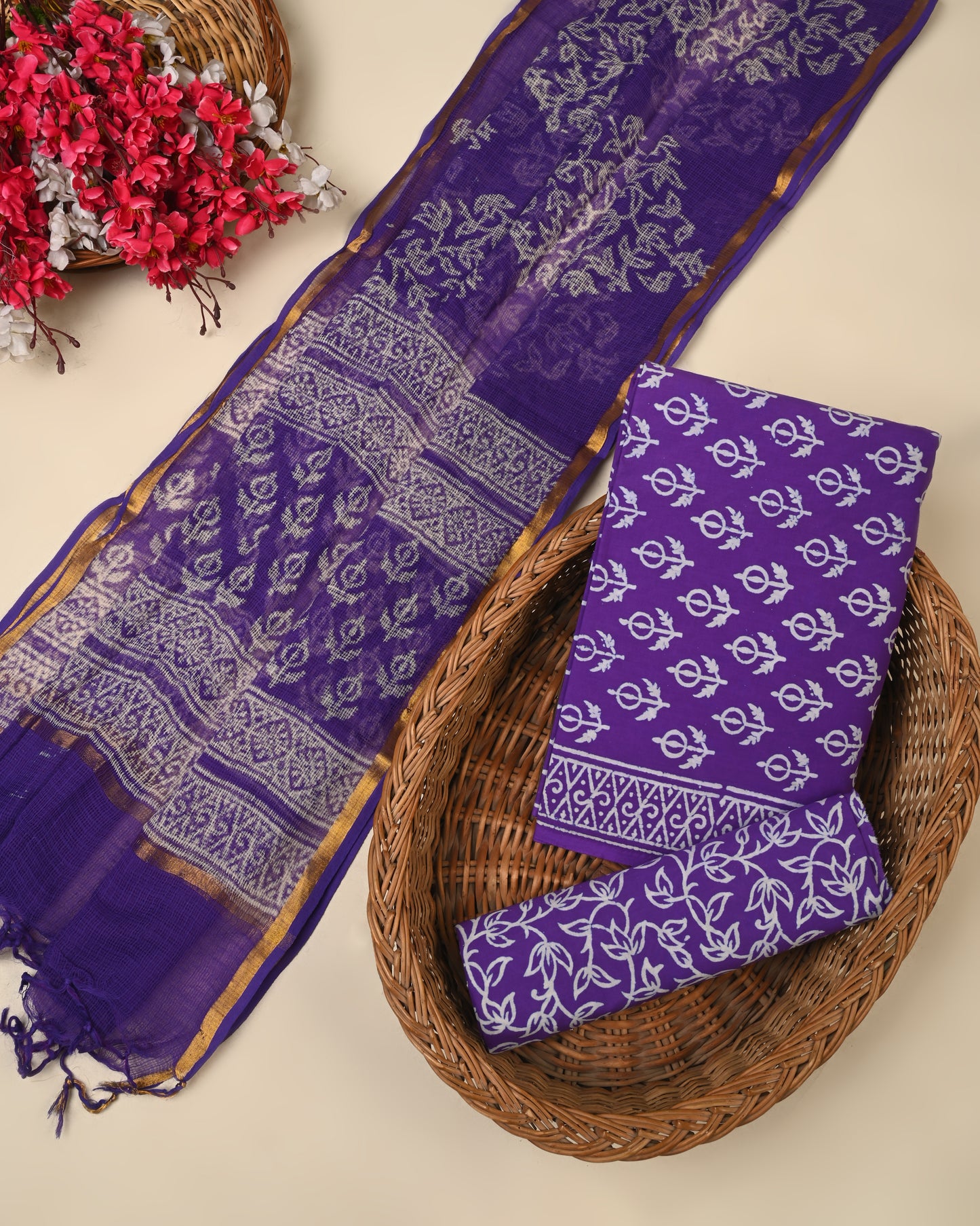 Purple Cotton Suit Set with Handblock Print Kota Doriya Dupatta