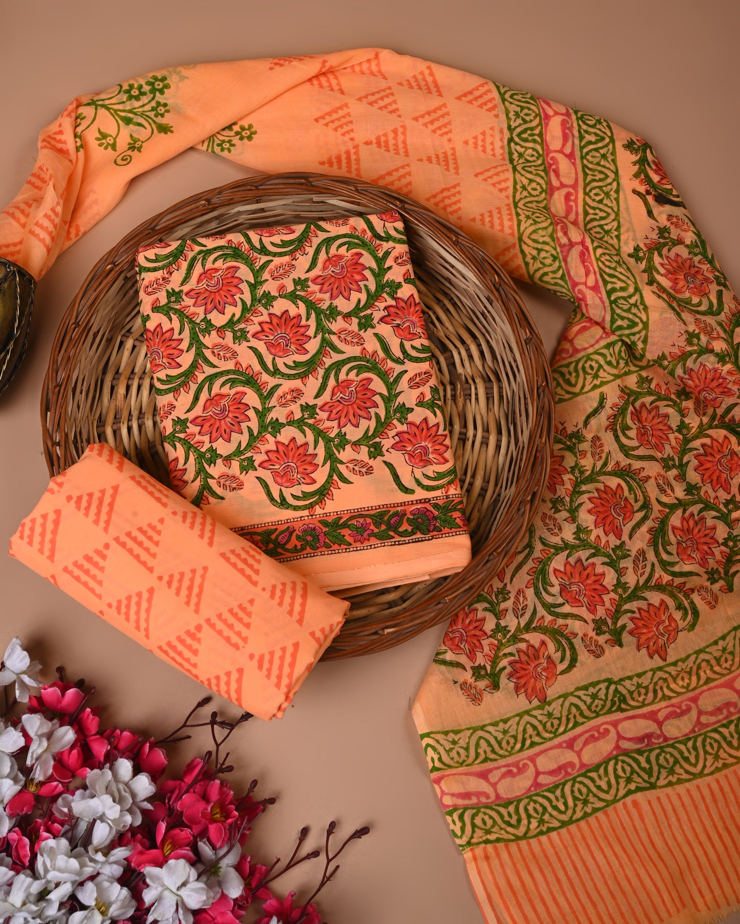 Peach Printed Cotton Suit with Cotton Dupatta