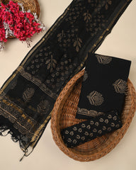 Black Cotton Suit Set with Traditional Prints & Kota Doriya Dupatta
