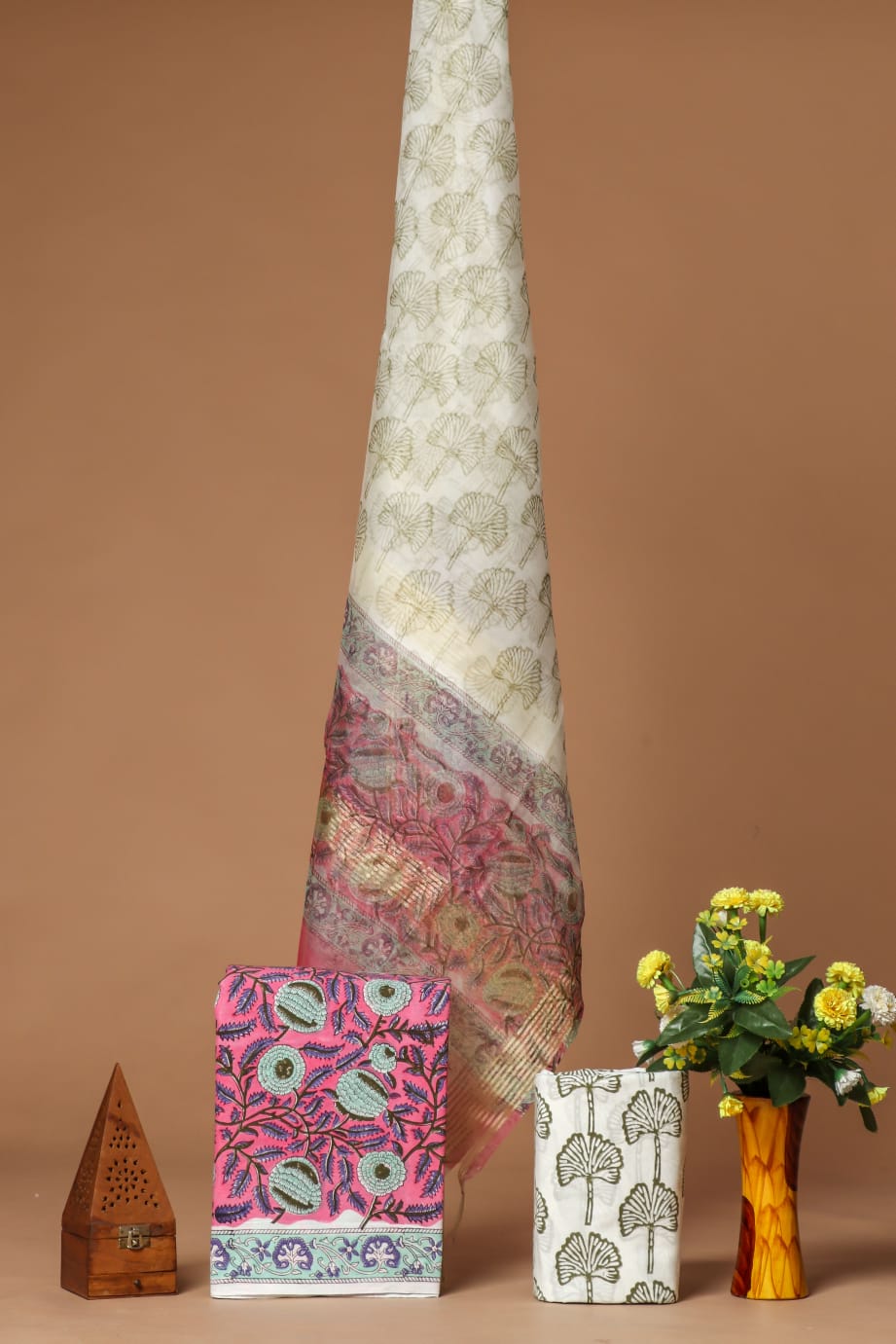 New Elegant Hand Block Printed Cotton Suit With Organza Dupatta(BFOR44)