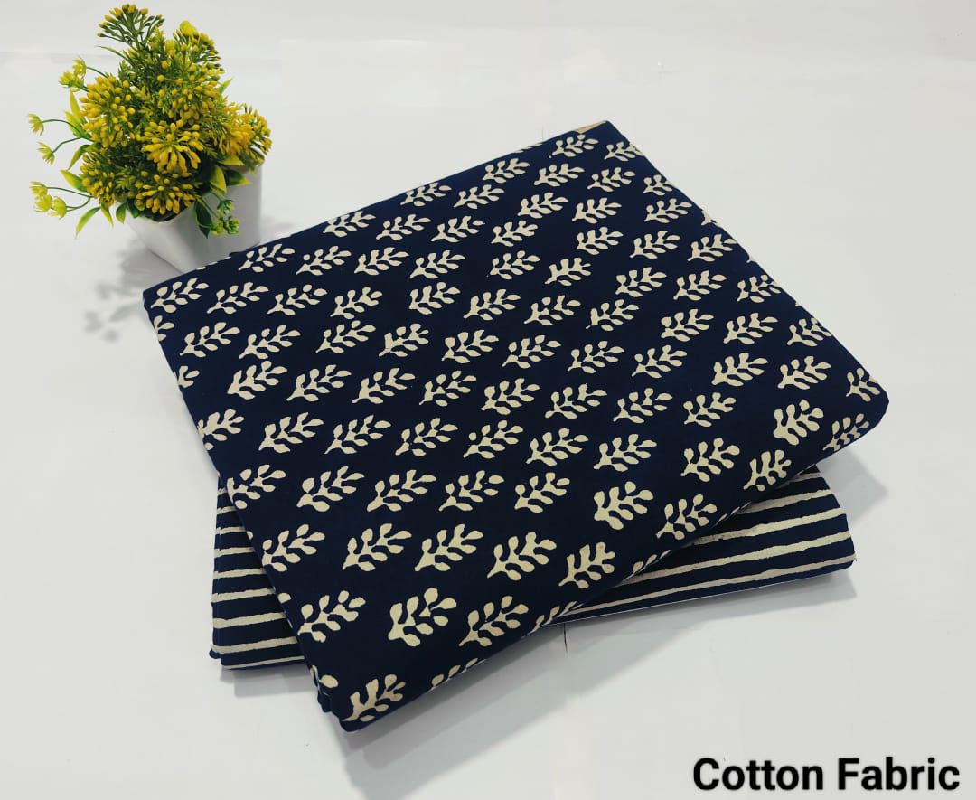 Navy Blue Leaf Cotton Fabric – Ethnic Printed Cotton Material (BFTB56)