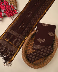 Brown Cotton Suit Set with Ethnic Prints & Kota Doriya Dupatta