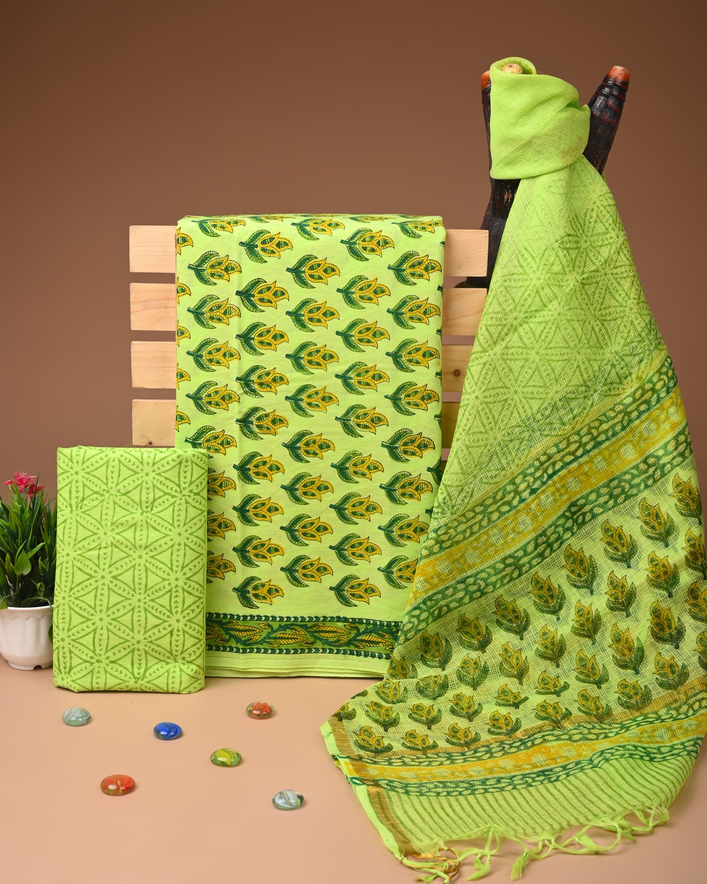 Light Green Printed Cotton Suit with Kota Doriya Dupatta