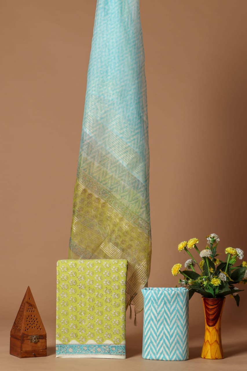 New Floral Hand Block Printed Cotton Suit With Organza Dupatta(BFOR67)