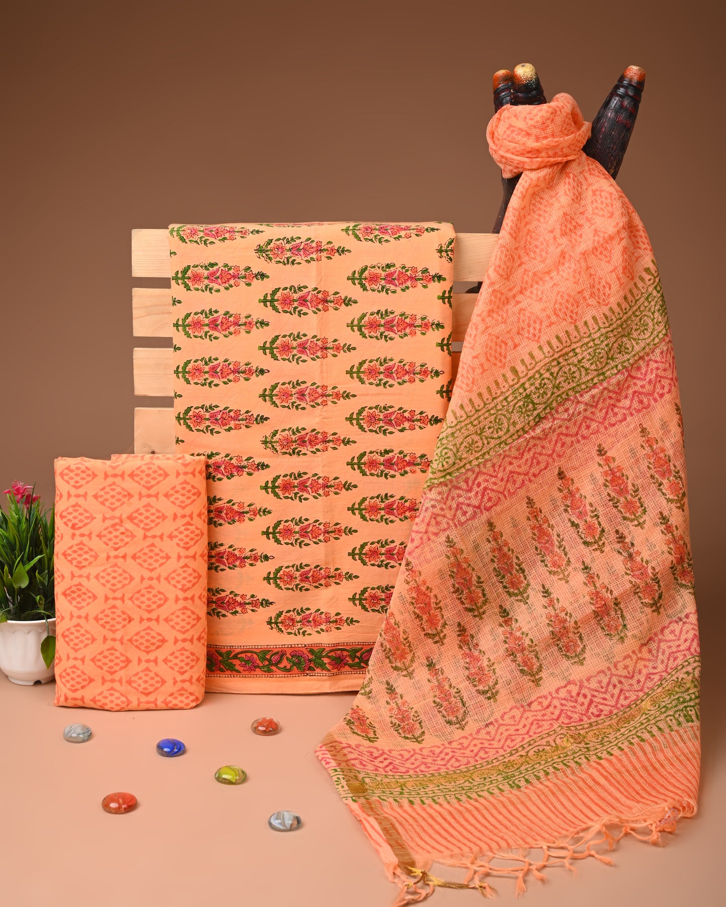 Peach Printed Cotton Suit with Kota Doriya Dupatta