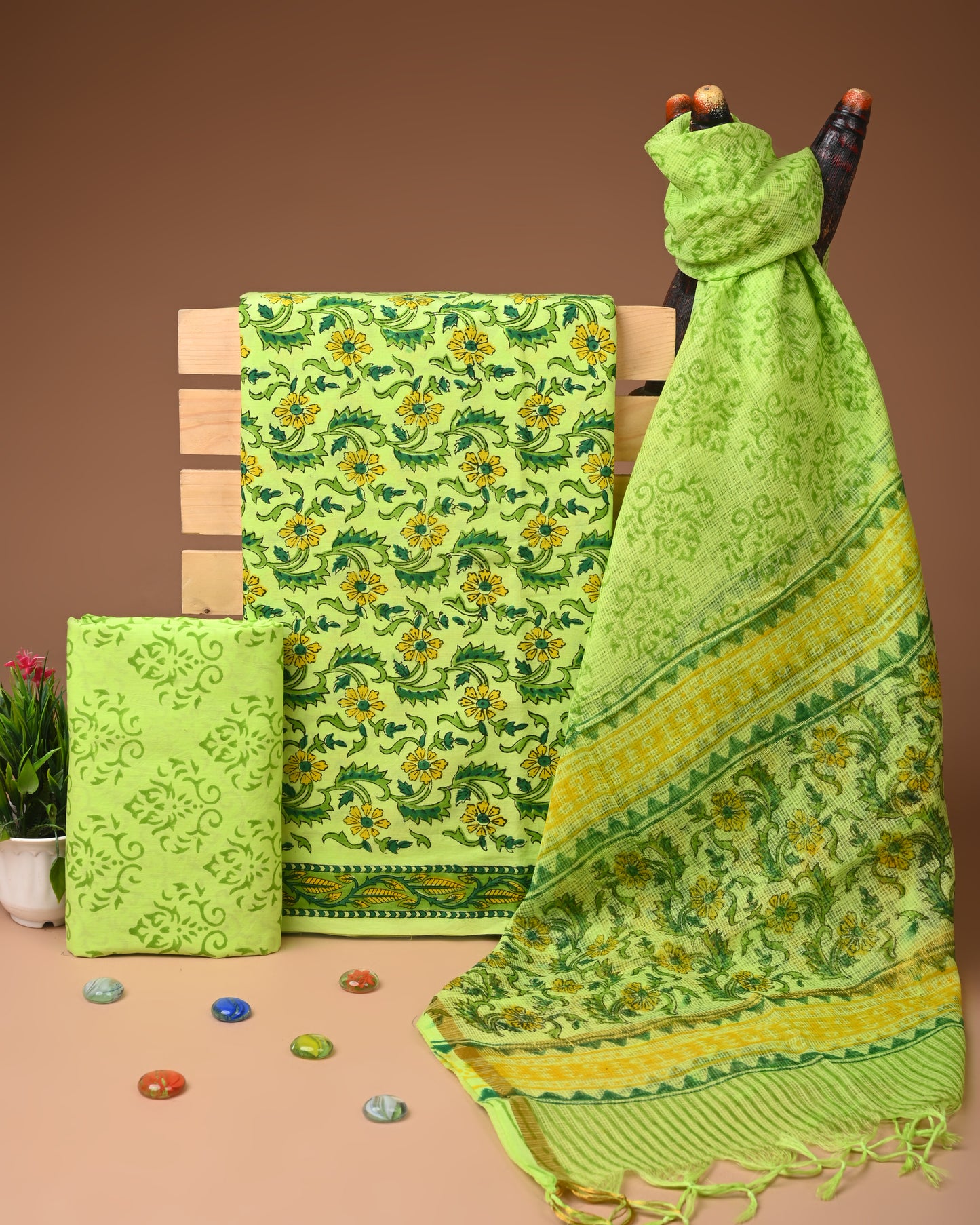 Mehndi Green Printed Cotton Suit with Kota Doriya Dupatta