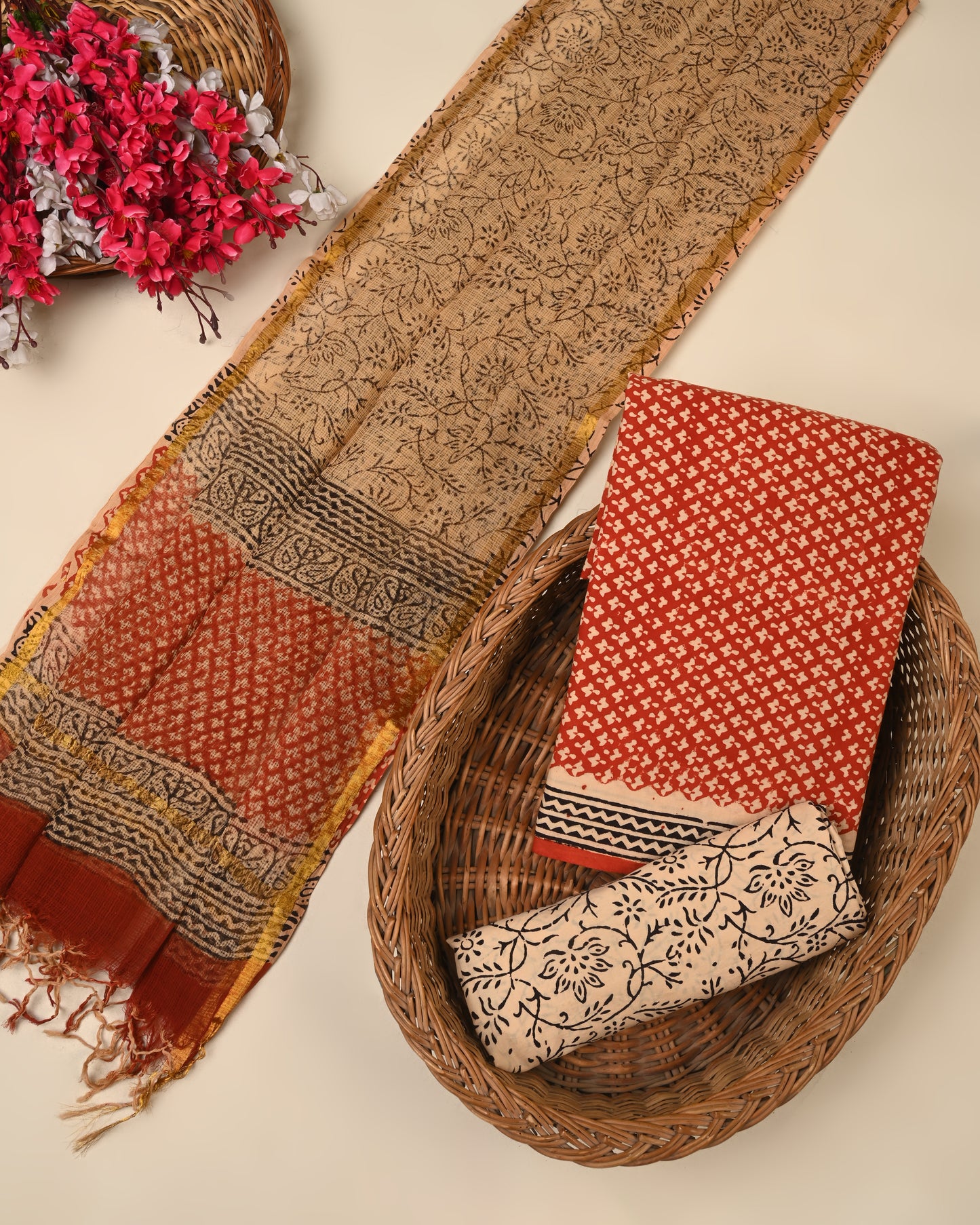 Rust Orange Cotton Suit Set with Kota Doriya Dupatta