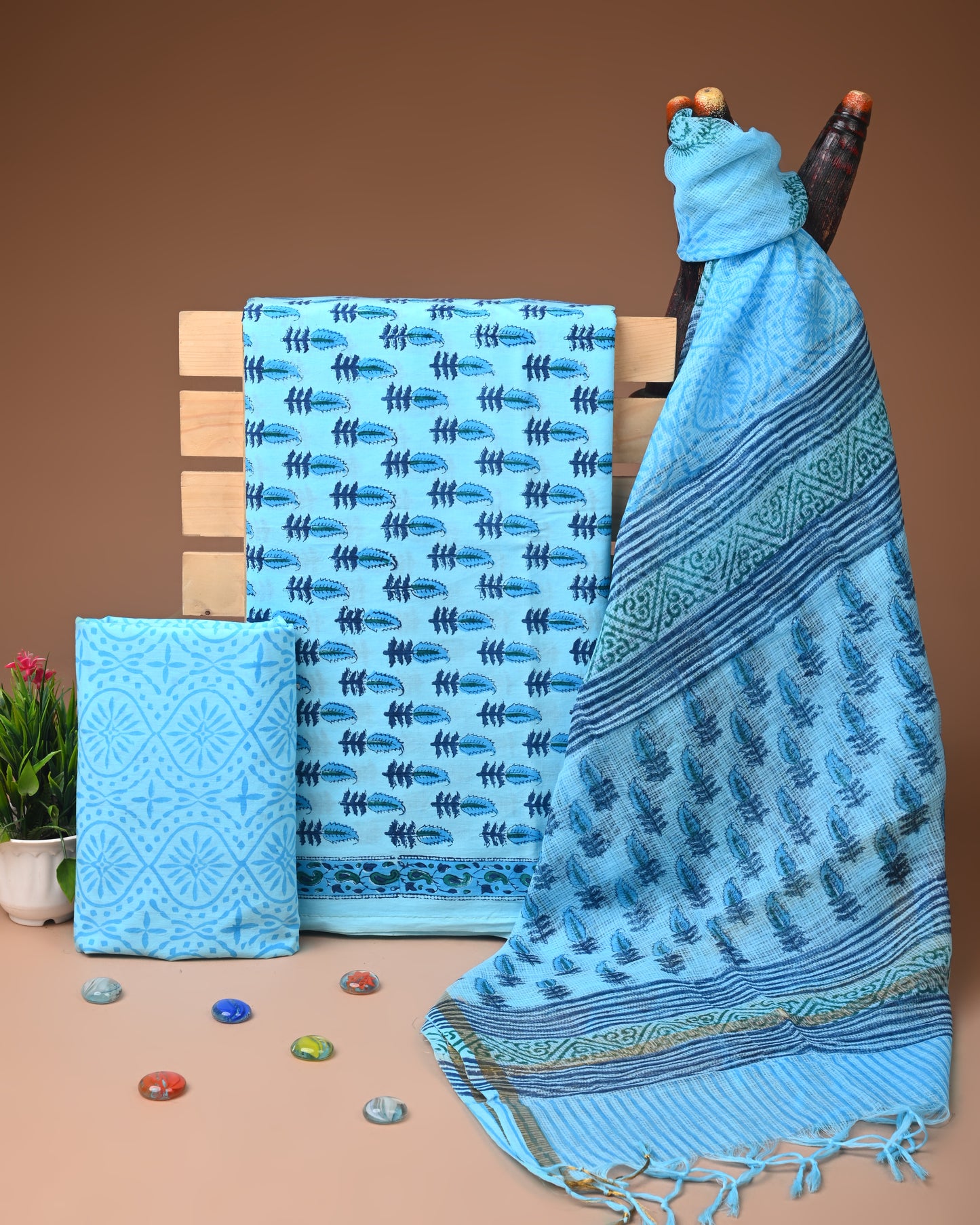 Blue Printed Cotton Suit with Kota Doriya Dupatta