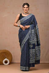 Traditional Authentic Hand Block Printed Pure Organic Cotton Sarees With matching Blouse(BFCS26)