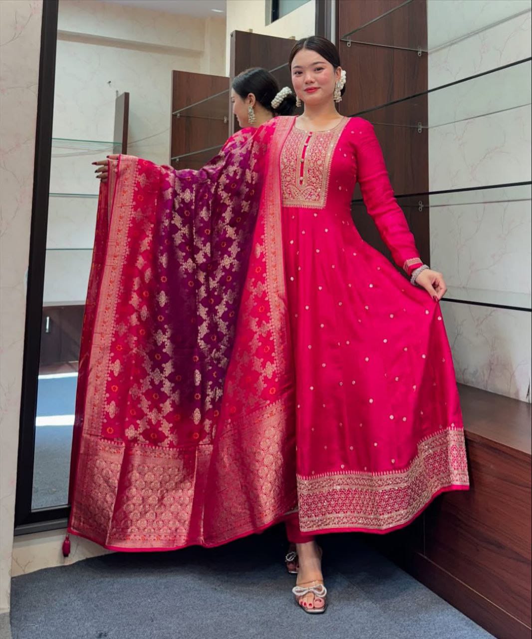 Magenta Printed noared silk Kurta Pant Set for Women