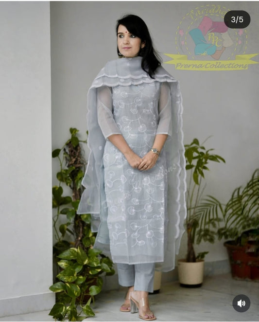 Elegant Grey Embroidered Cotton Suit Set with Dupatta for Women