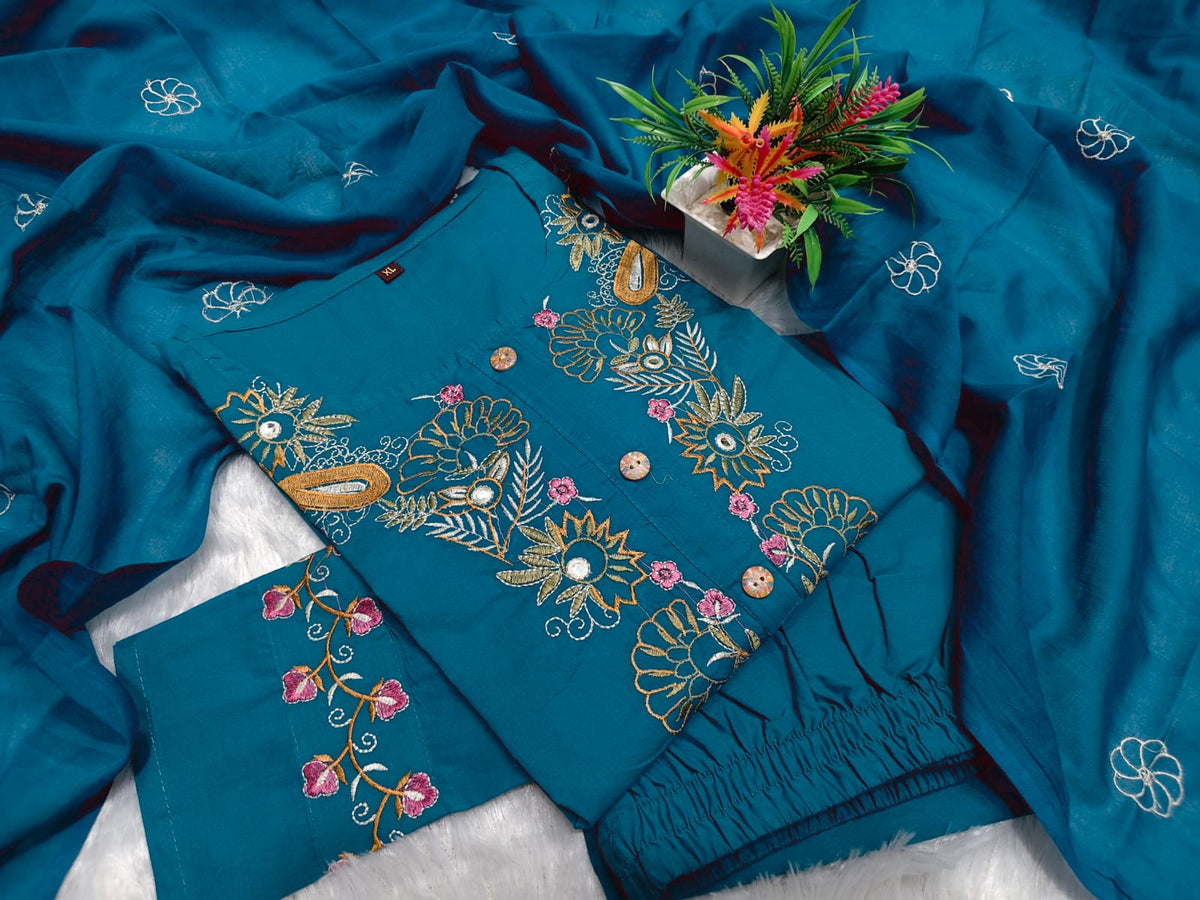 Blue Printed Cotton Kurta Pant Set for Women
