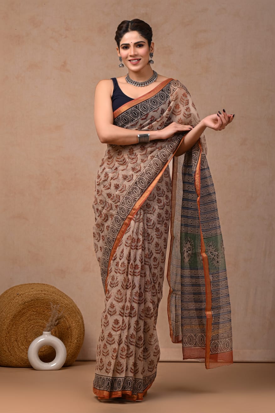 Beige Cream Kota Doriya Saree | Bagru Boota Hand Block Print (BFKS56)