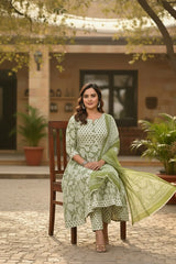 Green Cotton Printed Kurta Pant Dupatta Set for Women