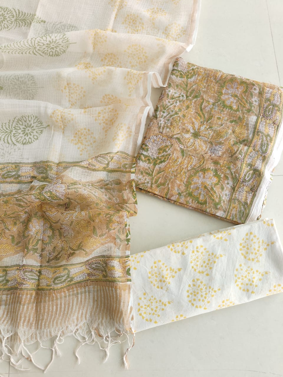 Ivory Yellow Floral Hand Block Print Kota Doriya Suit (BFFKO60)