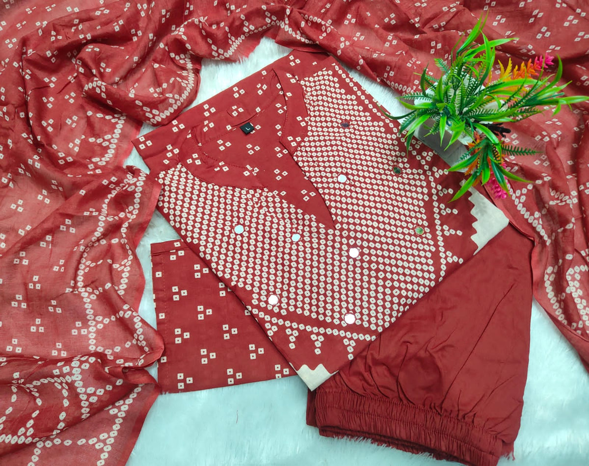 Maroon Discharge Print Cotton Kurti Pant Dupatta Set