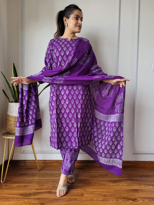 Purple Printed Cotton Suit with Cotton Dupatta for Women