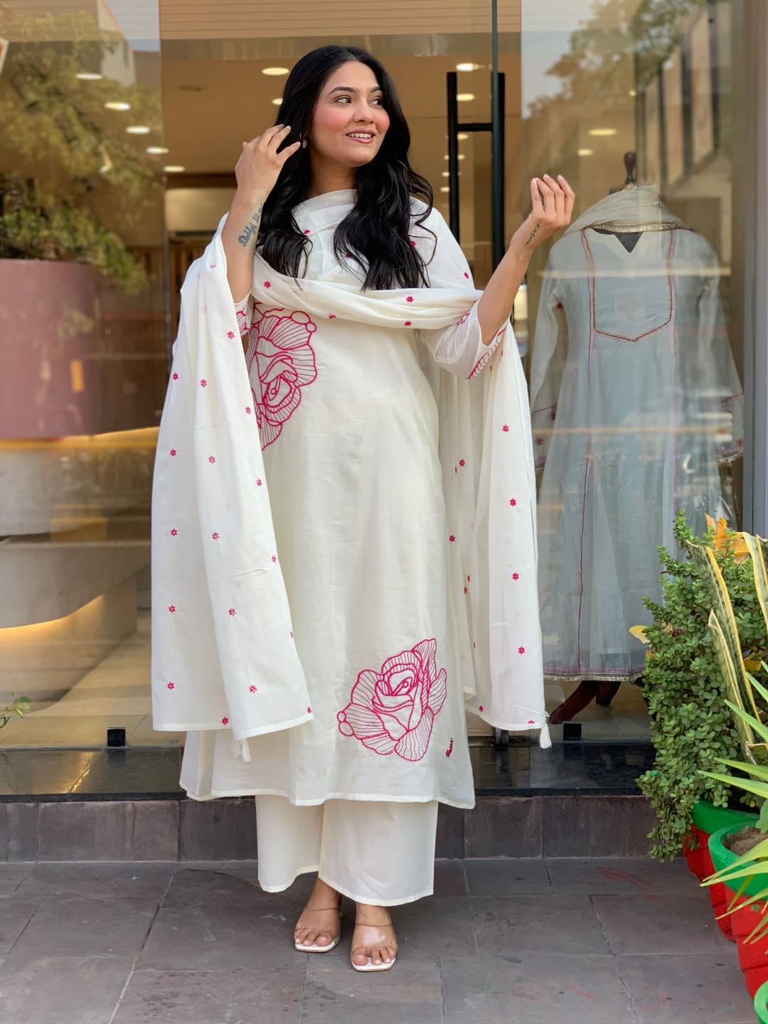 Pure Cotton White Embroidered Kurta Pant Dupatta Set for Women