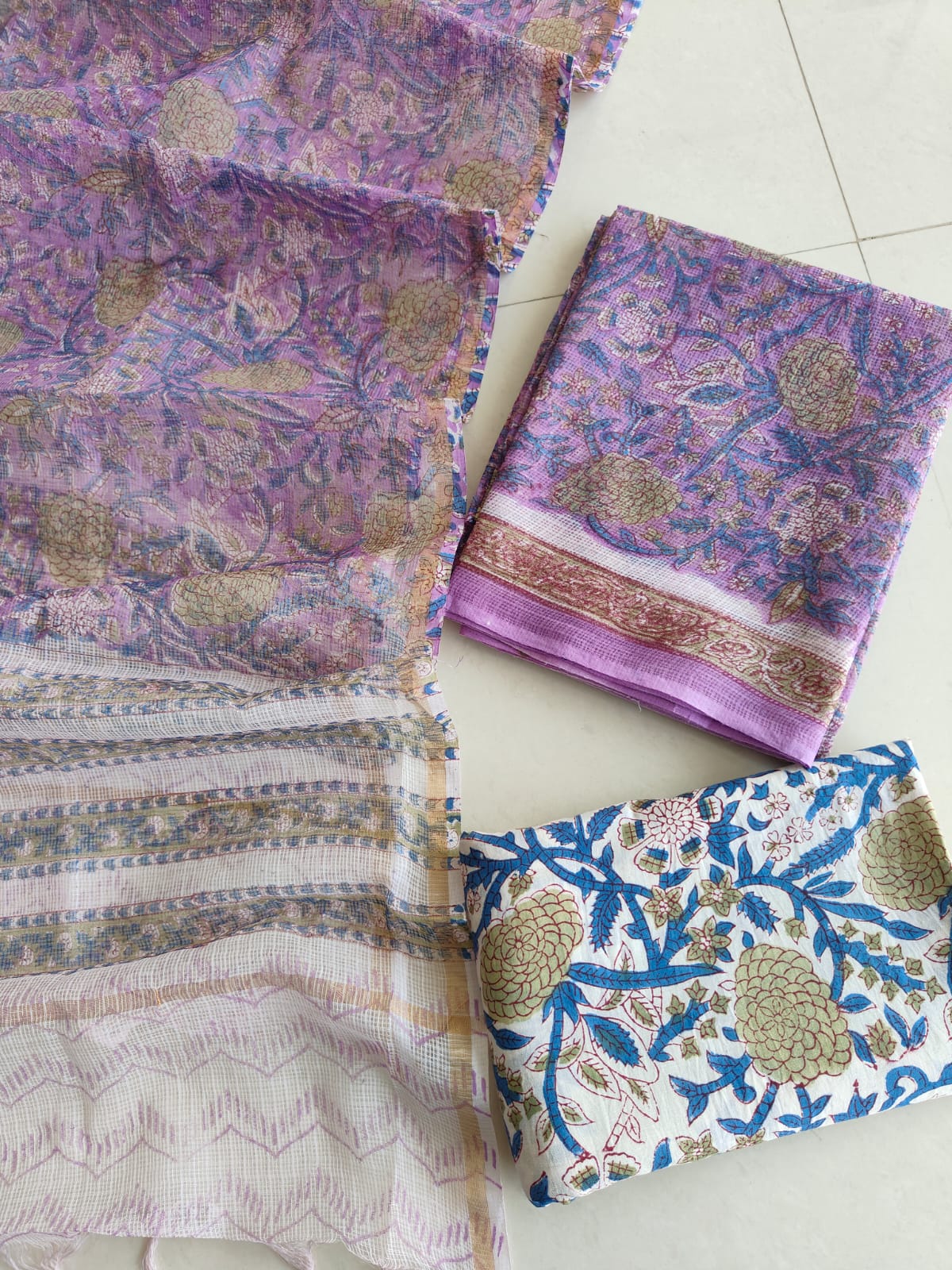 Lilac Purple Floral Hand Block Print Kota Doriya Suit (BFFKO82)