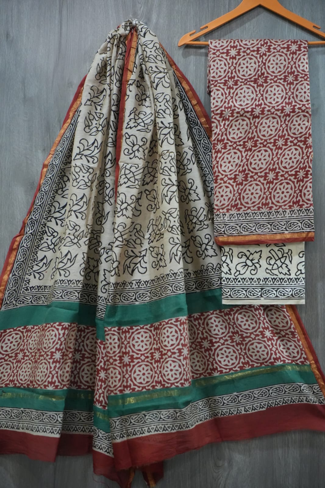 Cream & Maroon Chakri Geometric Hand Block Print Chanderi Silk Dress Material (BFCHS37)