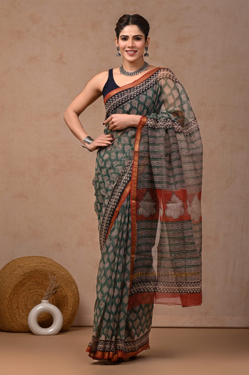 Bottle Green Rust Kota Doriya Saree | Pigment Hand Block Print | Traditional Saree (BFKS46)
