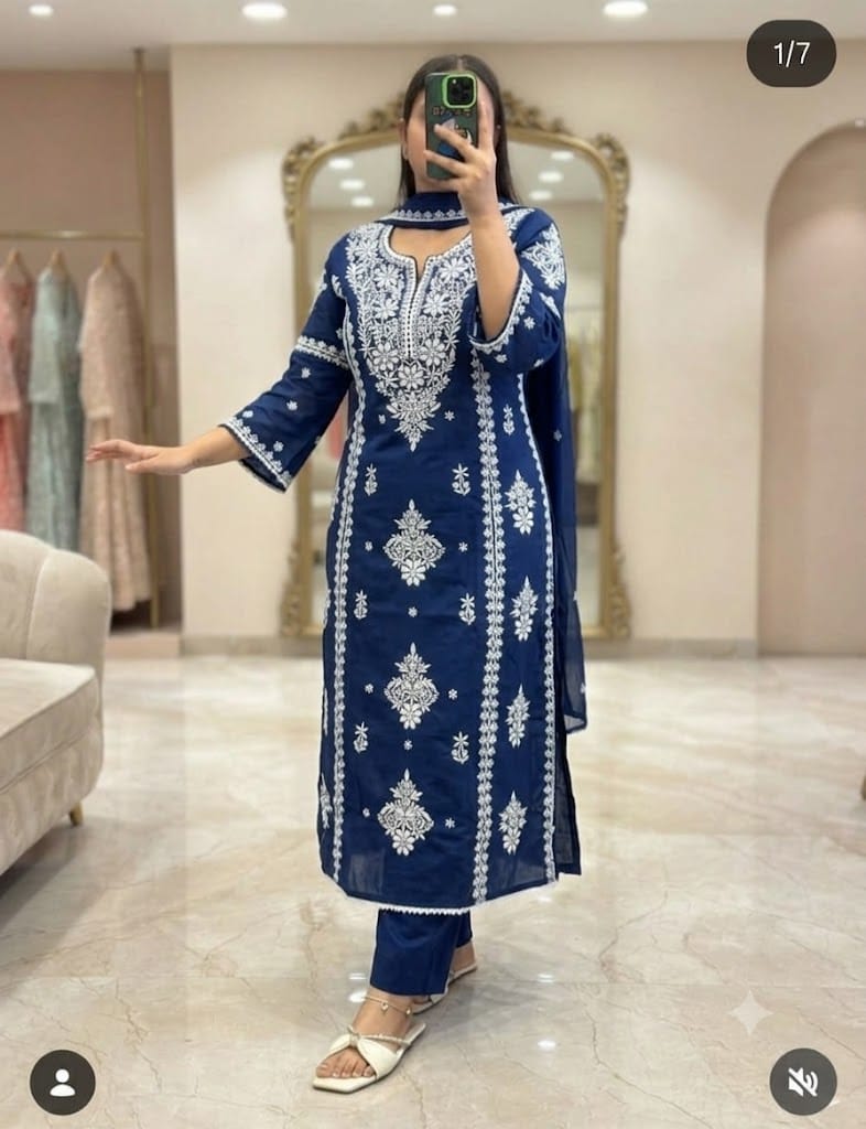 Navy Blue Chikankari Embroidered Cotton Suit Set for Women