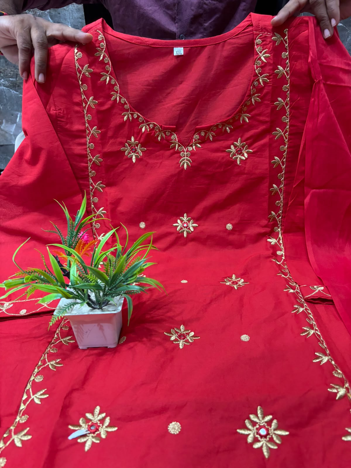 Red Embroidered Cotton Kurta Palazzo Set with Dupatta