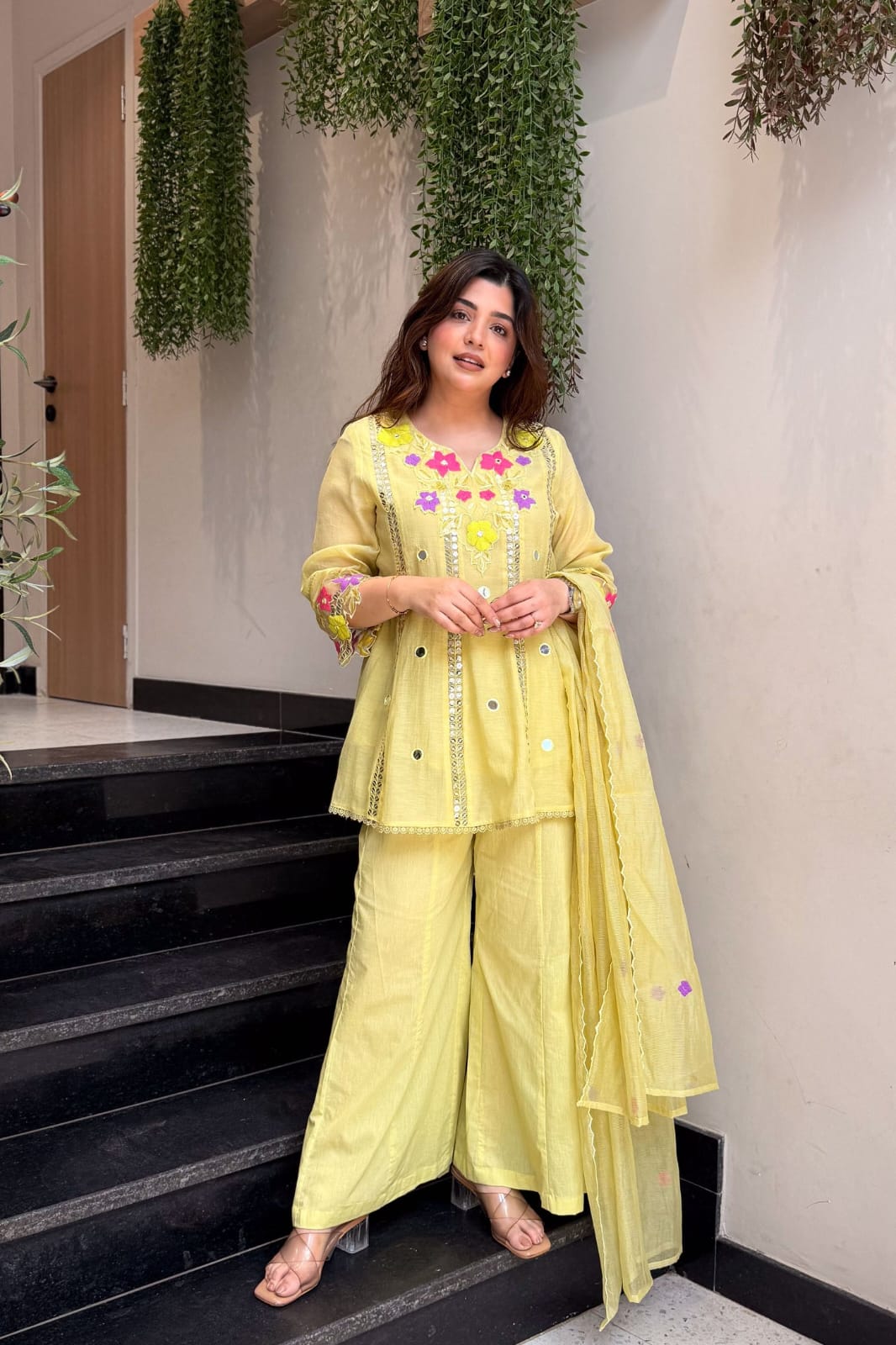 Lime Green Embroidered Cotton Kurti Palazzo Set with Dupatta