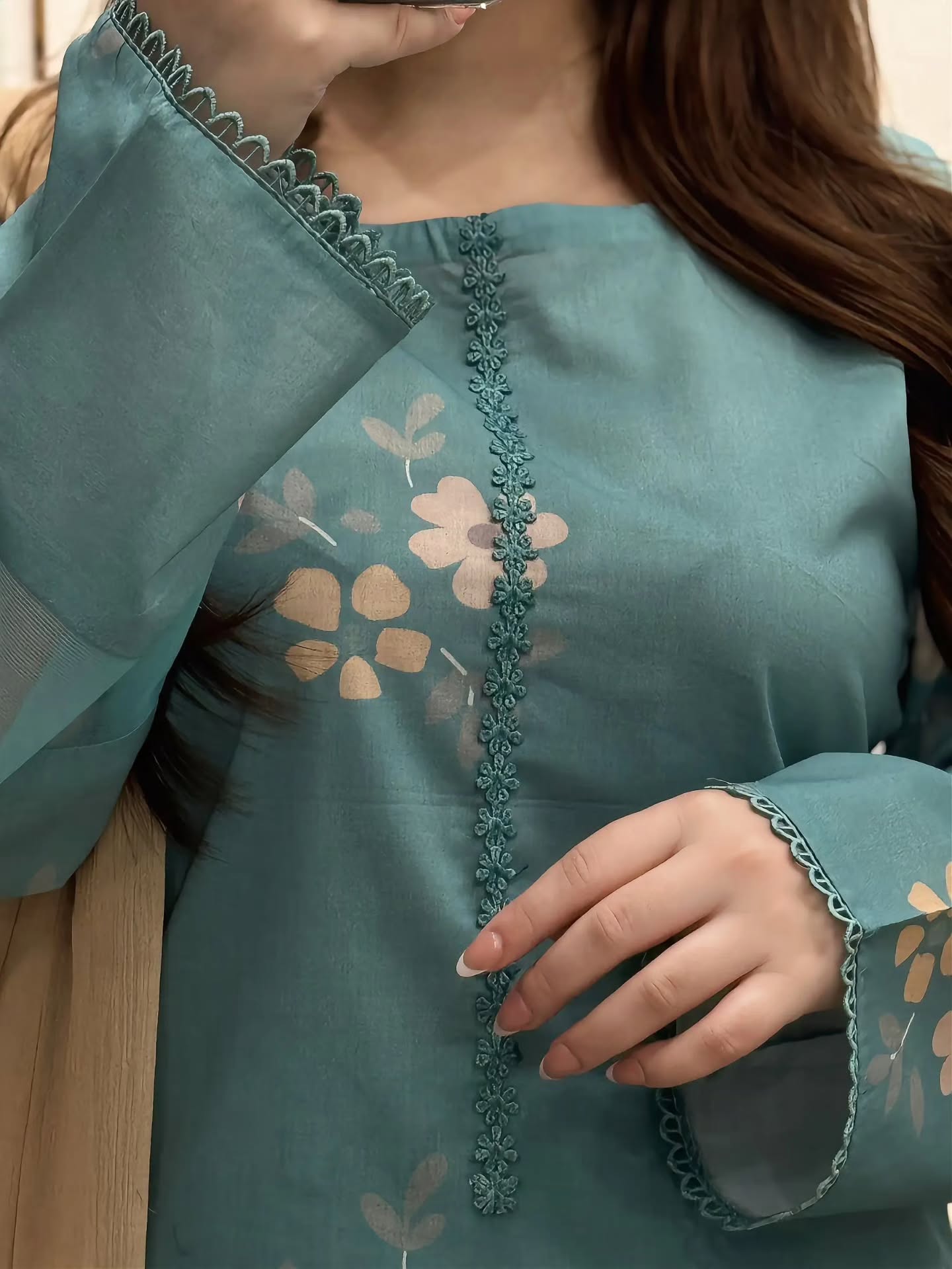 Sea Green Cotton Farshi Salwar Suit Set | Floral Print Kurta with Nazmin Dupatta