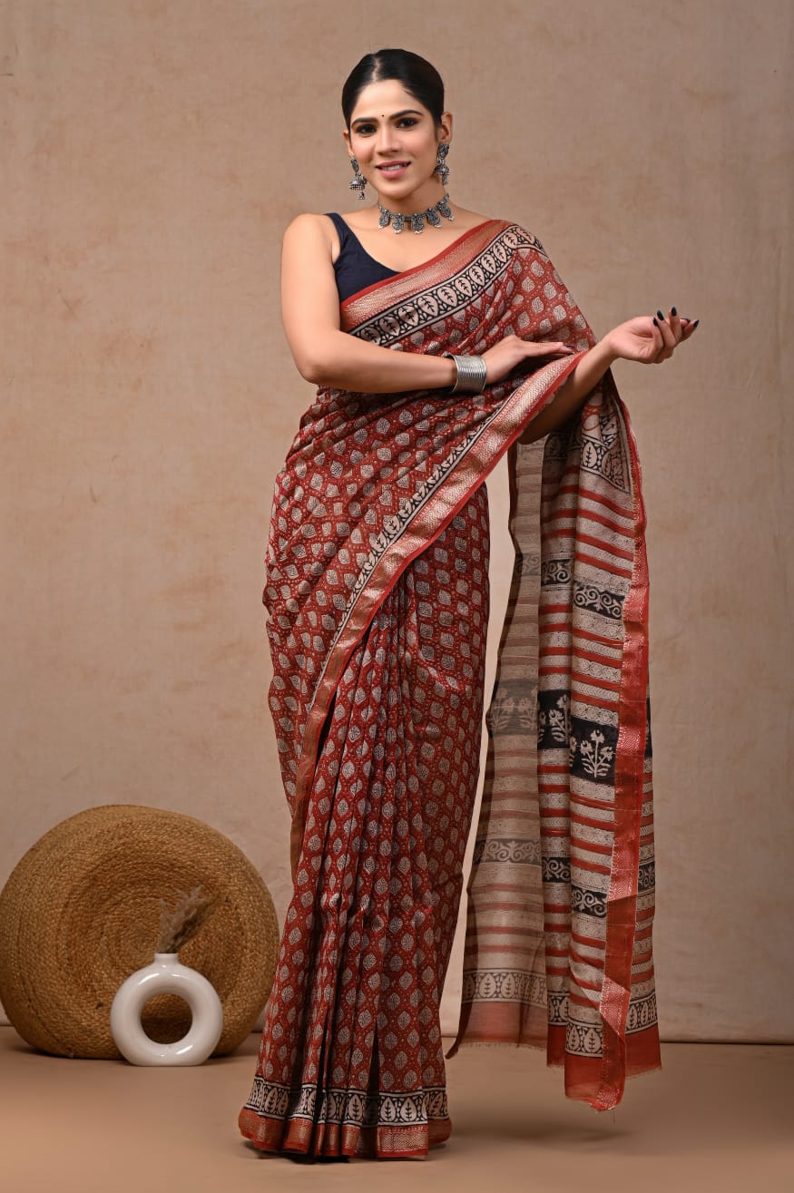 New Designer Hand Block Print Maheshwari Silk Saree (BFMSARE73)