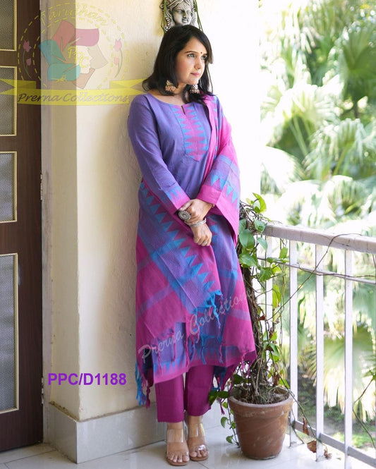 Purple Pink South Cotton Handloom Kurti Set with Temple Border |