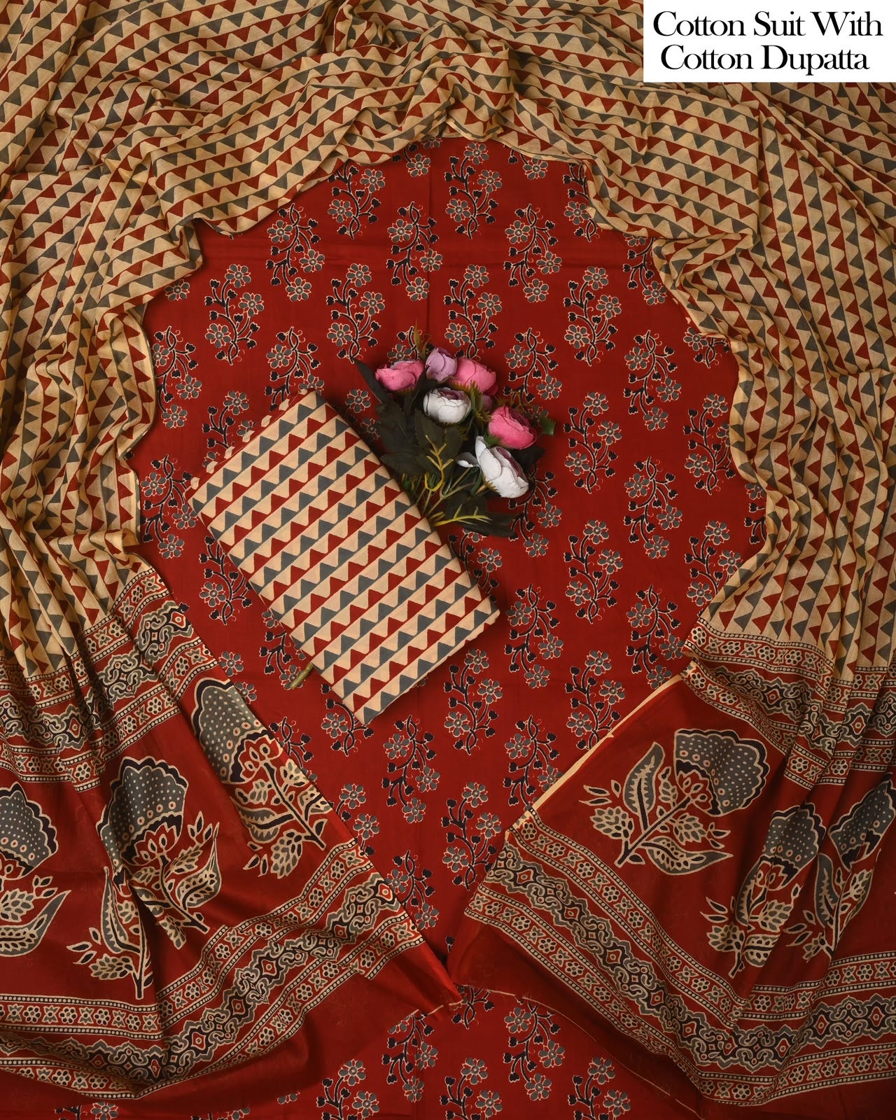 Exclusive Hand Block Cotton Suit With Cotton Dupatta(BFCOT196)