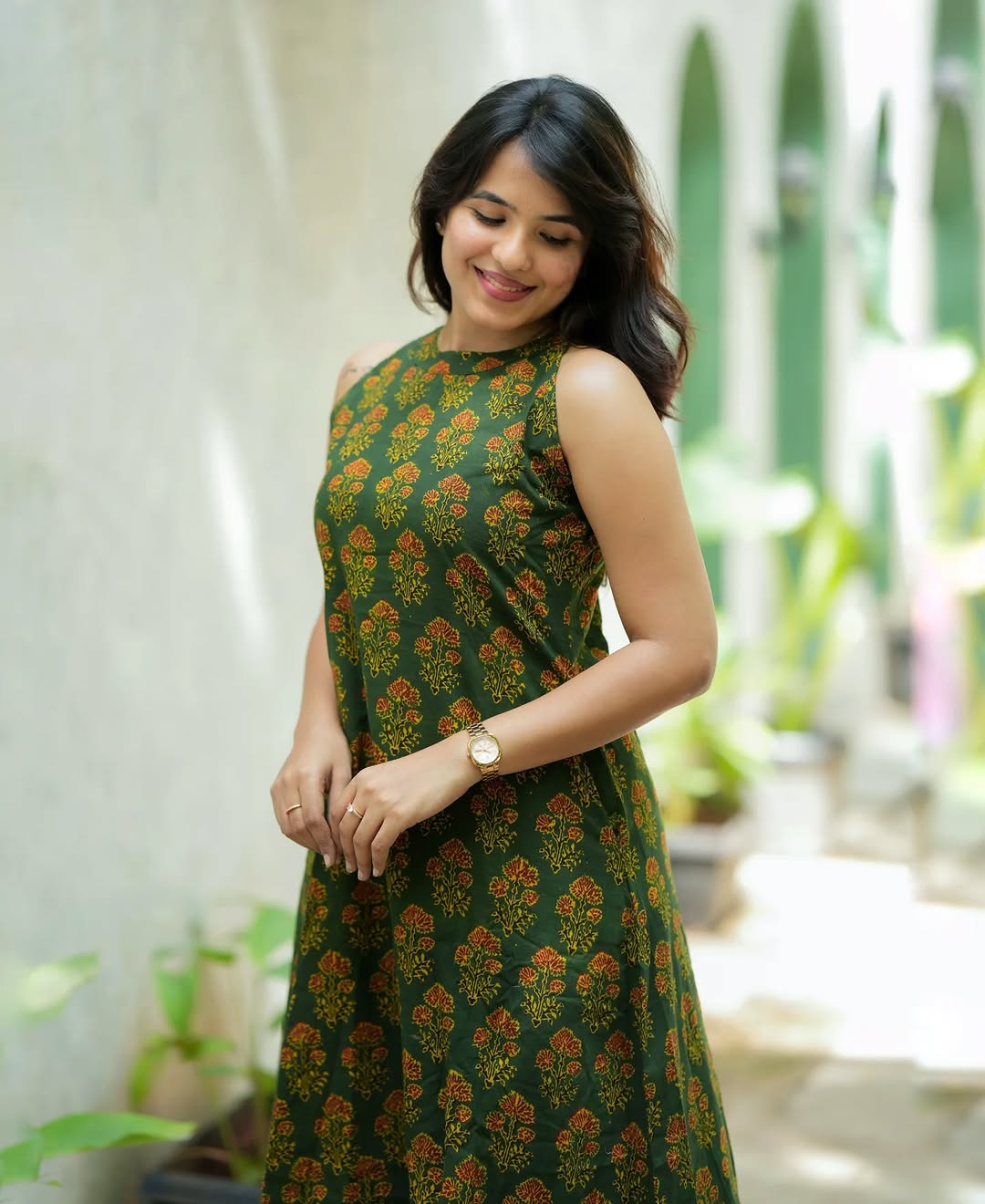 Olive Green Floral Cotton Kurta Palazzo Set | Premium A-Line Halter Neck Outfit