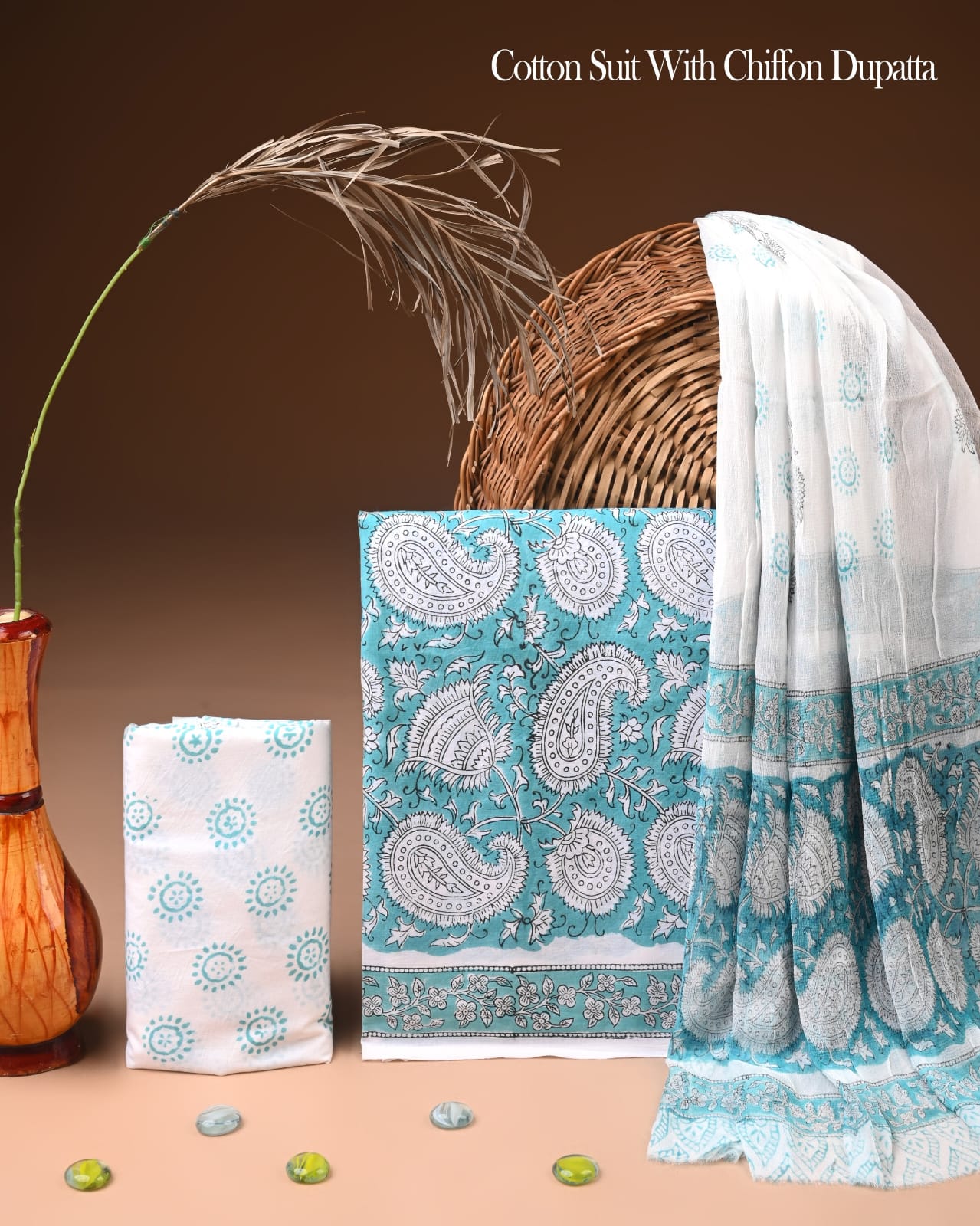 Premium Hand Block Cotton Suit With Chiffon Dupatta Suit Sets(BFCC14)