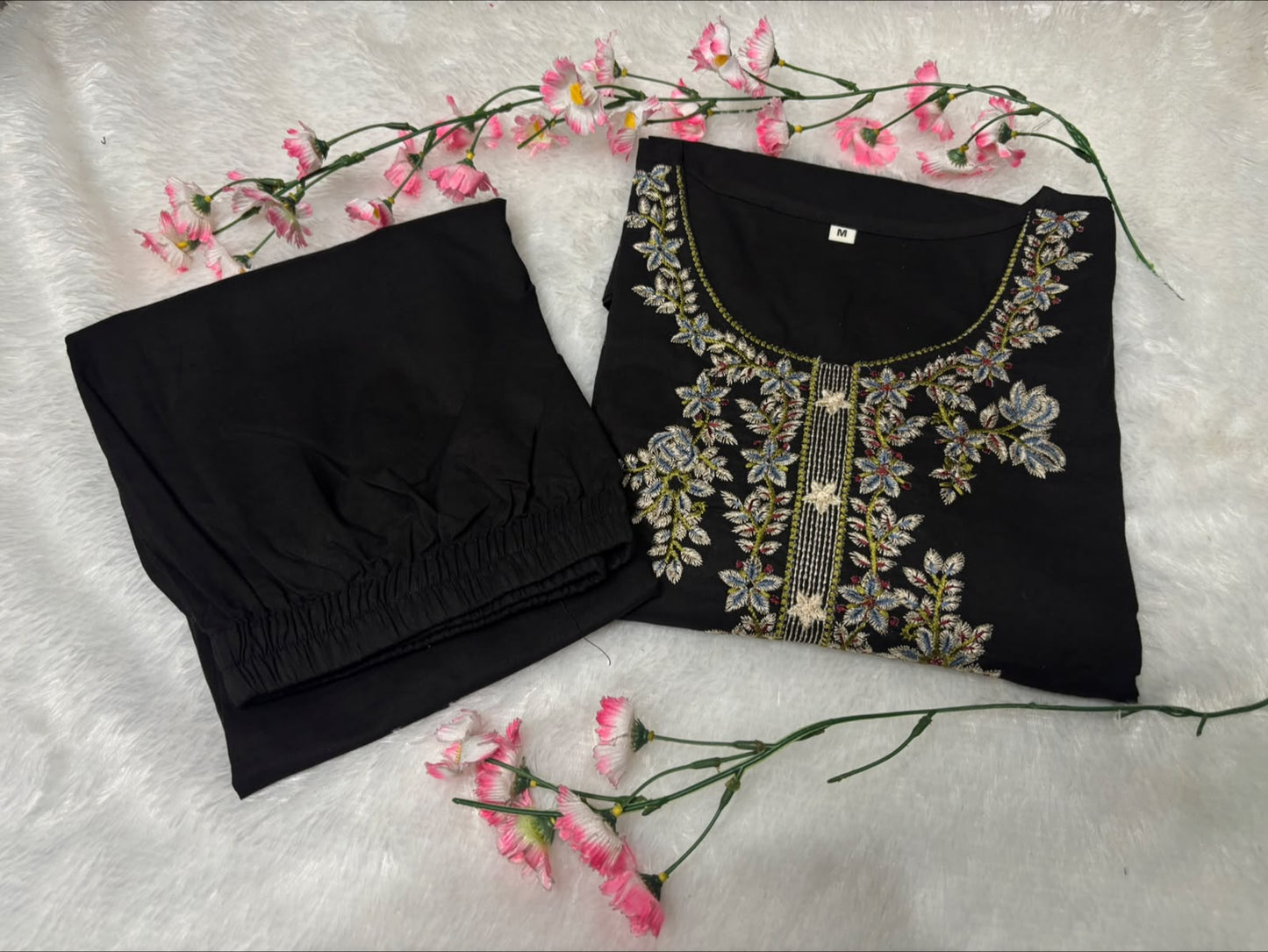 Black Cotton Embroidered Co-ord Set with Plazo