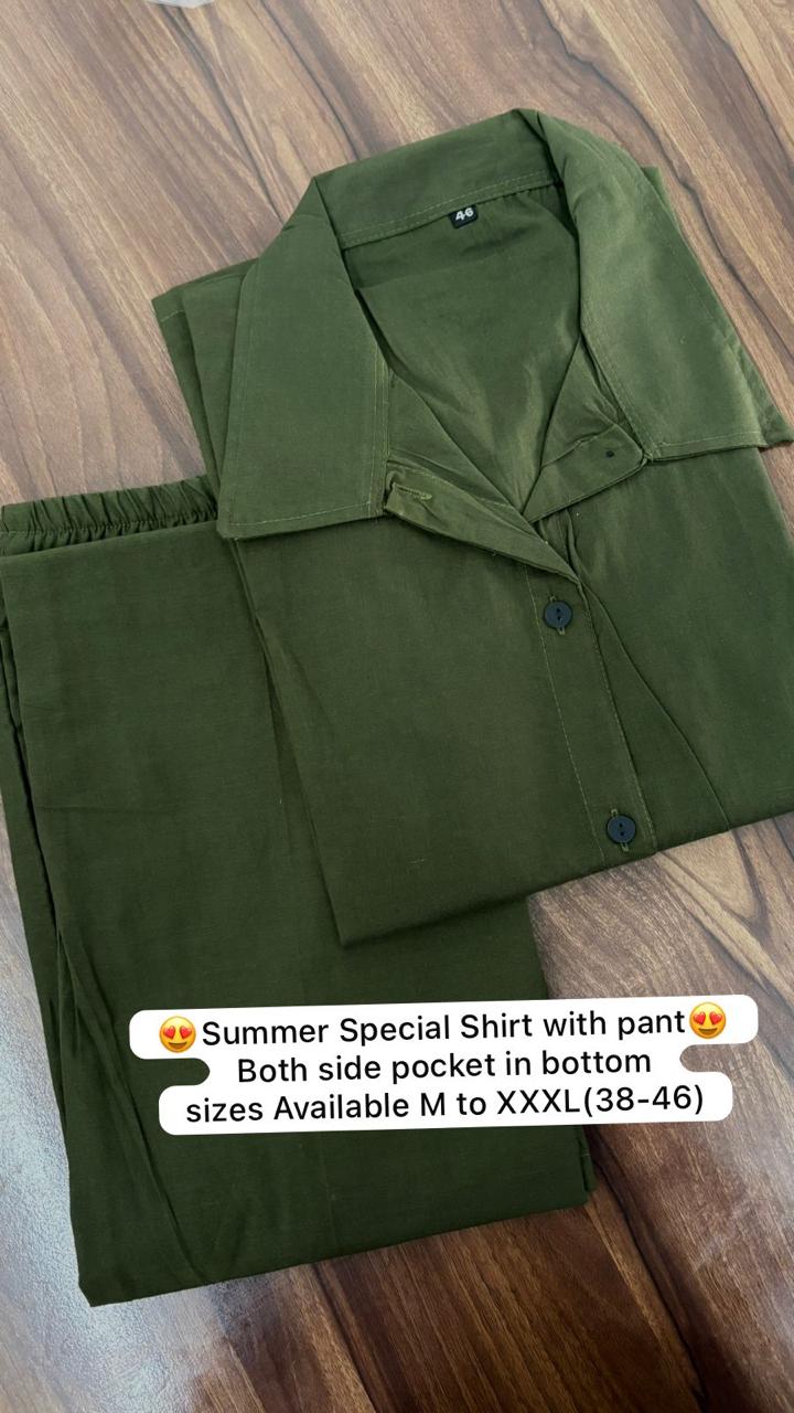 Olive Green Pure Cotton Coord Set | Shirt & Wide Leg Pant