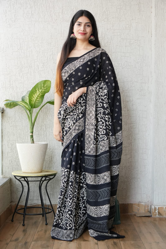 Traditional Authentic Hand Block Printed Pure Organic Cotton Sarees With matching Blouse(BFCS09)
