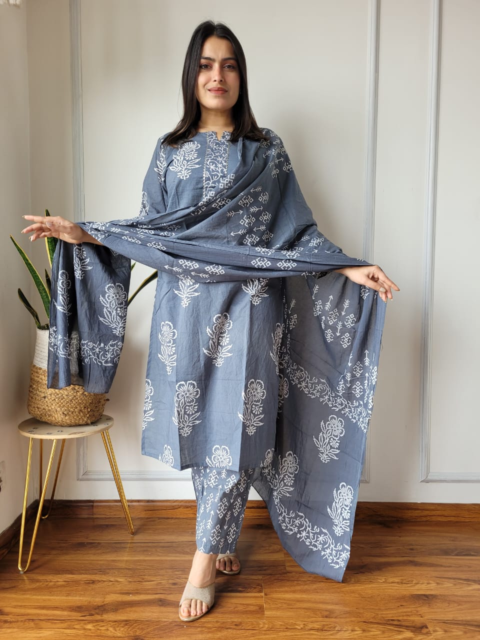 Grey Printed Cotton Suit with Dupatta