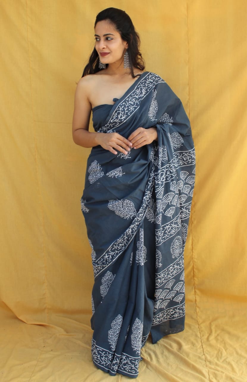 Charcoal Grey Hand Block Printed Cotton Saree with Blouse (BFCS63)