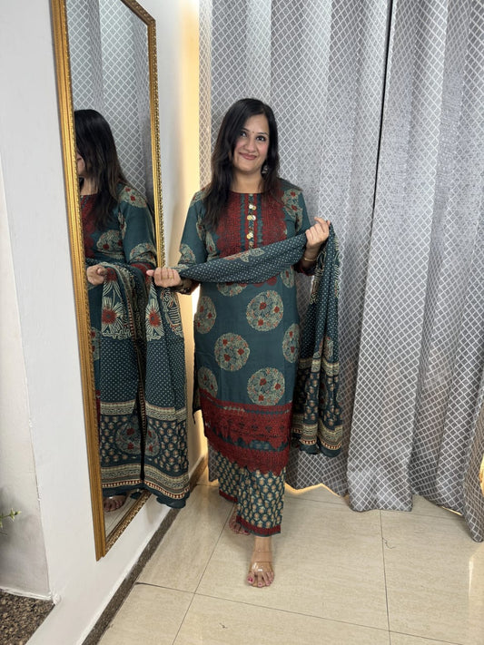 Teal Green Floral Digital Print Cotton Suit Set for Women