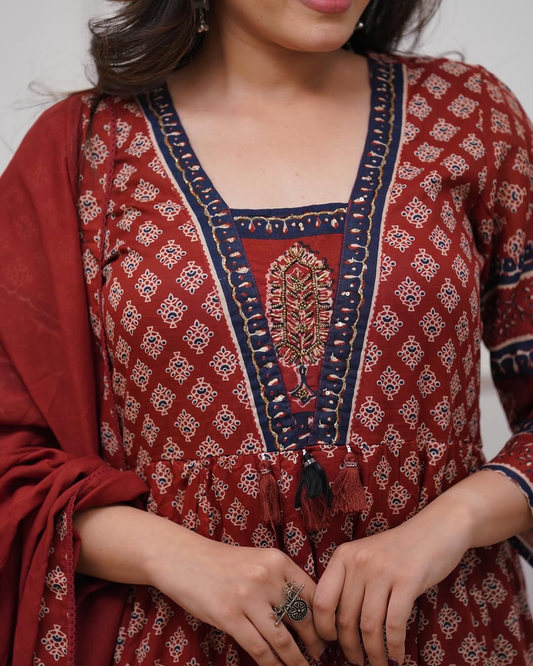 Maroon Cotton Anarkali Kurta Set | Block Print Flared Suit with Dupatta