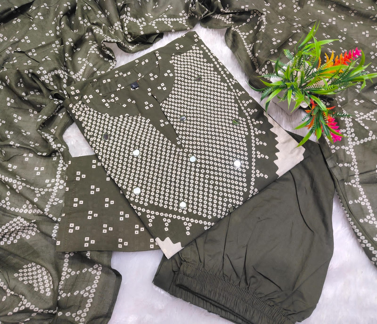 Olive Green Discharge Print Cotton Kurti Pant Dupatta Set