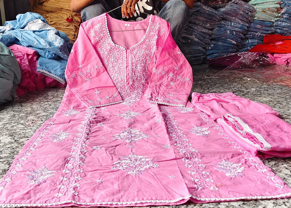 Baby Pink Chikankari Embroidered Cotton Suit Set for Women