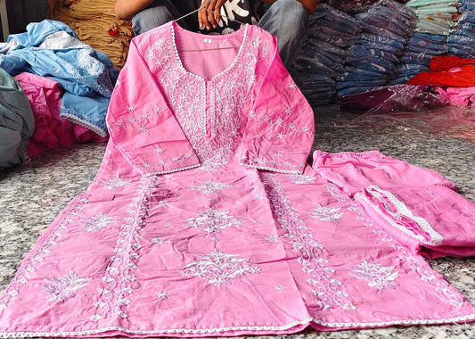 Baby Pink Chikankari Embroidered Cotton Suit Set for Women