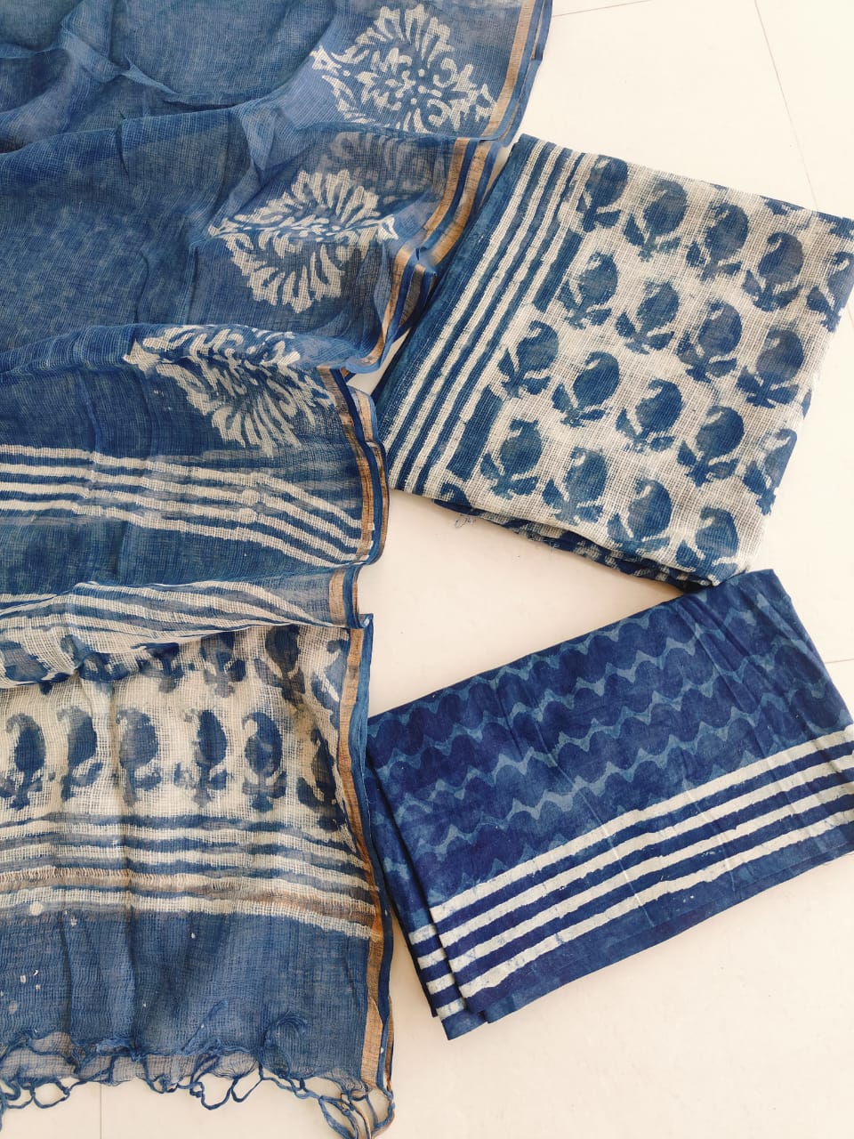 Deep Indigo Geometric Hand Block Print Kota Doriya Suit (BFFKO66)