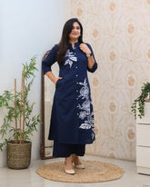 New Launch Alert 
Premium Floral Print Co-ord Set ( Front and Back )
Launching elegant Straight-cut Kurti with matching straight pants in a classy Navy Blue floral print! 
Perfect blend of comfort & style for your daily, office & casual wear