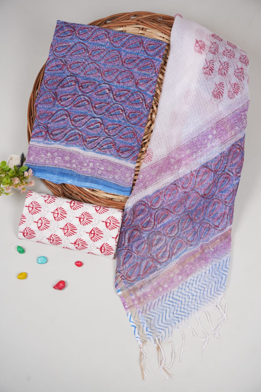 White & Blue Ethnic Printed kota doriya Suit Set(BFFKO24)